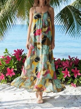 True Destinations Tropical Floral Multicolor Maxi Dress with Ruffle Hem